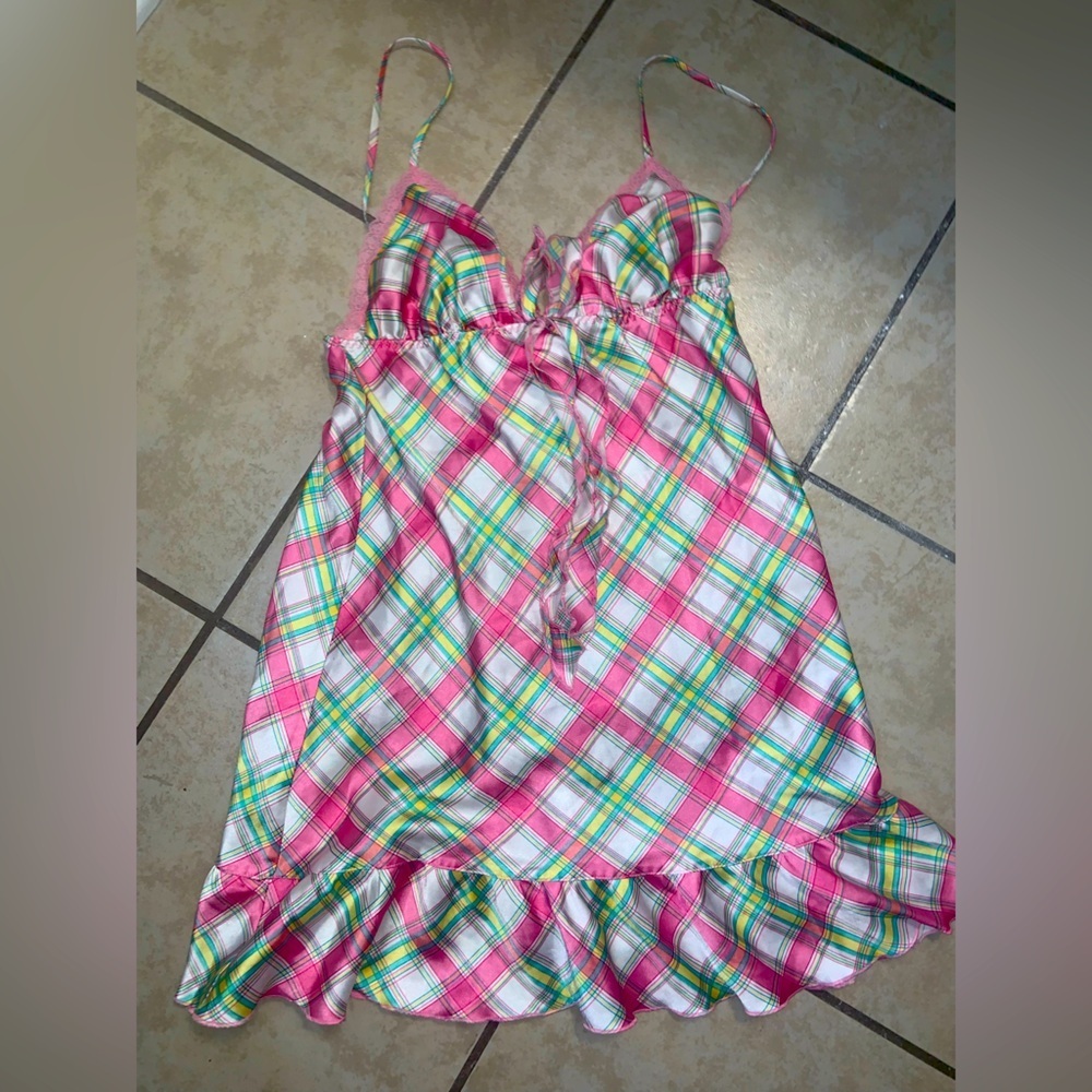 Victoria’s Secret angels plaid satin bow slip  spring y2k classic ruffle boho